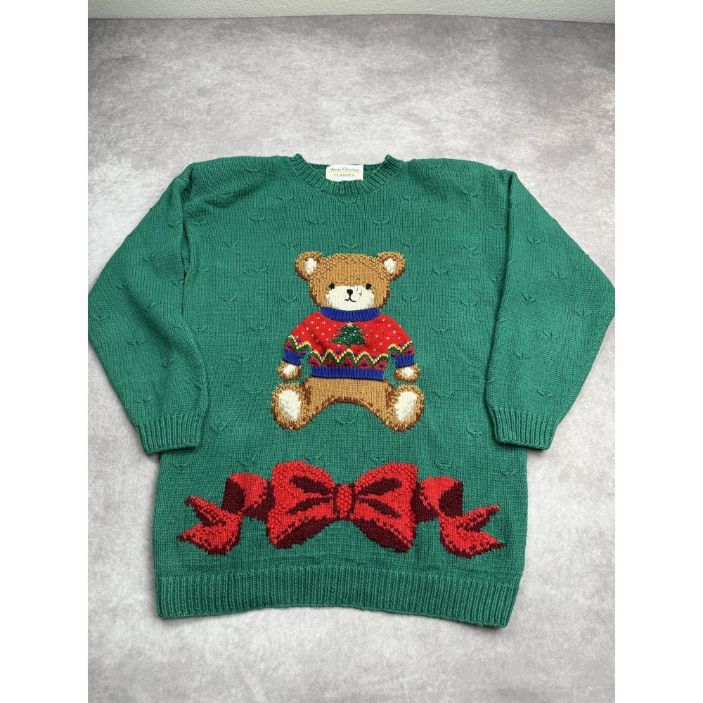 Vintage Marisa Christina Sweater Womens Large Green Christmas‎ Bear 1994 90s